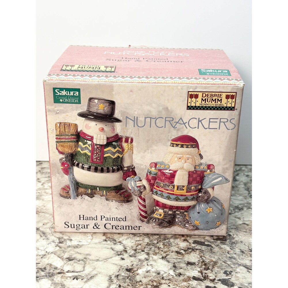 Vintage Sakura Debbie Mumm ‘Nutcrackers’ Sugar And Creamer Set Santa Snowman